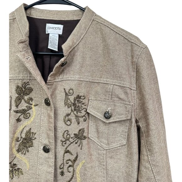 Chicos Metallic Embroidered Button-Up Jacket SZ 2 Beige Long Sleeve Cotton Blend - Picture 7 of 16